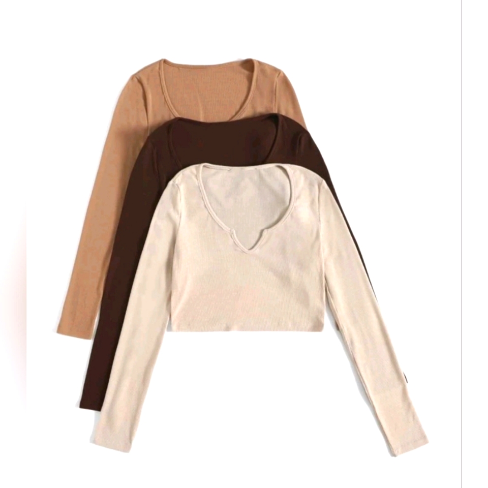 3pcs Solid Notched Neck Tee